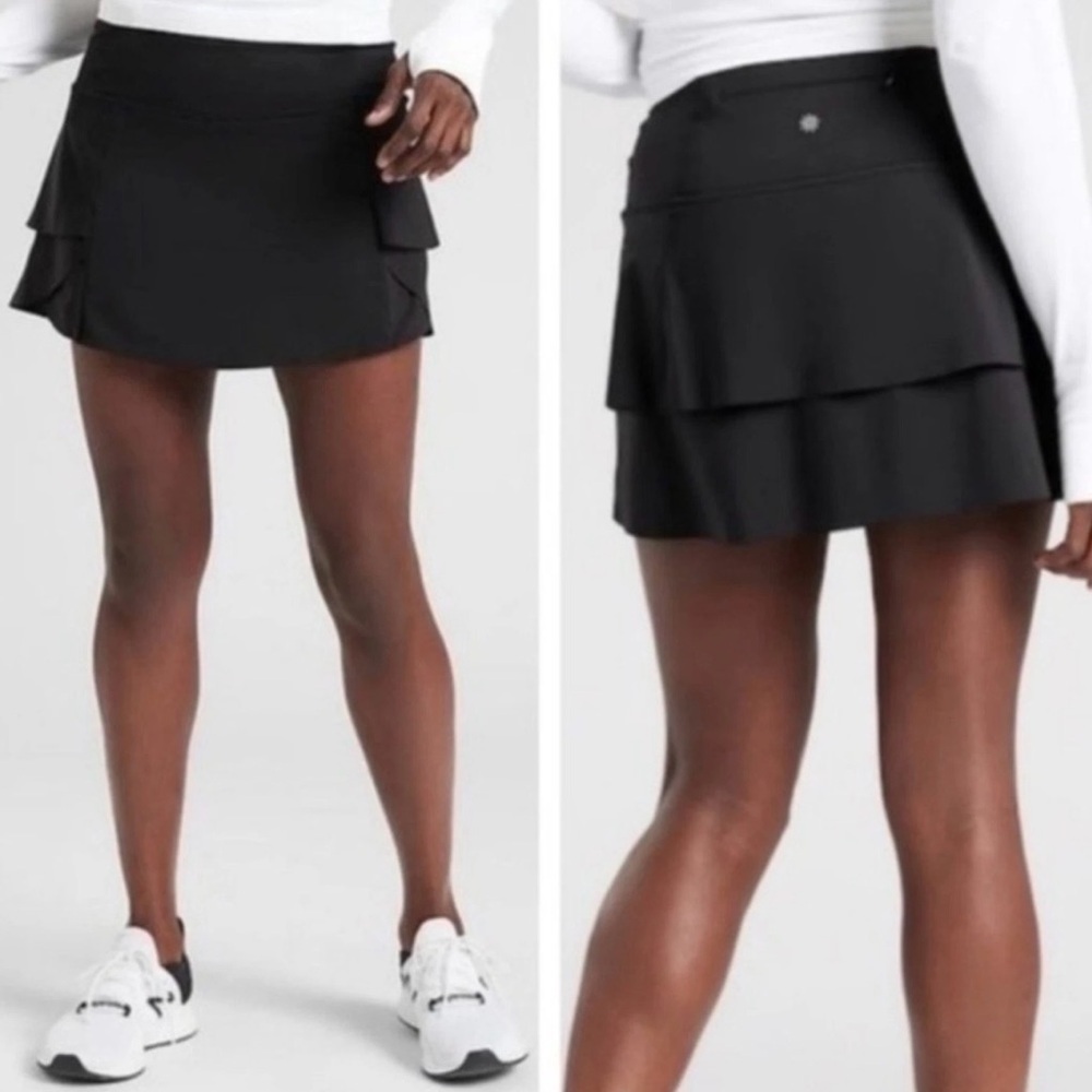 Athleta Momentum Black Tennis Pickleball Zip Pocket Active Ruffle Skort Women L